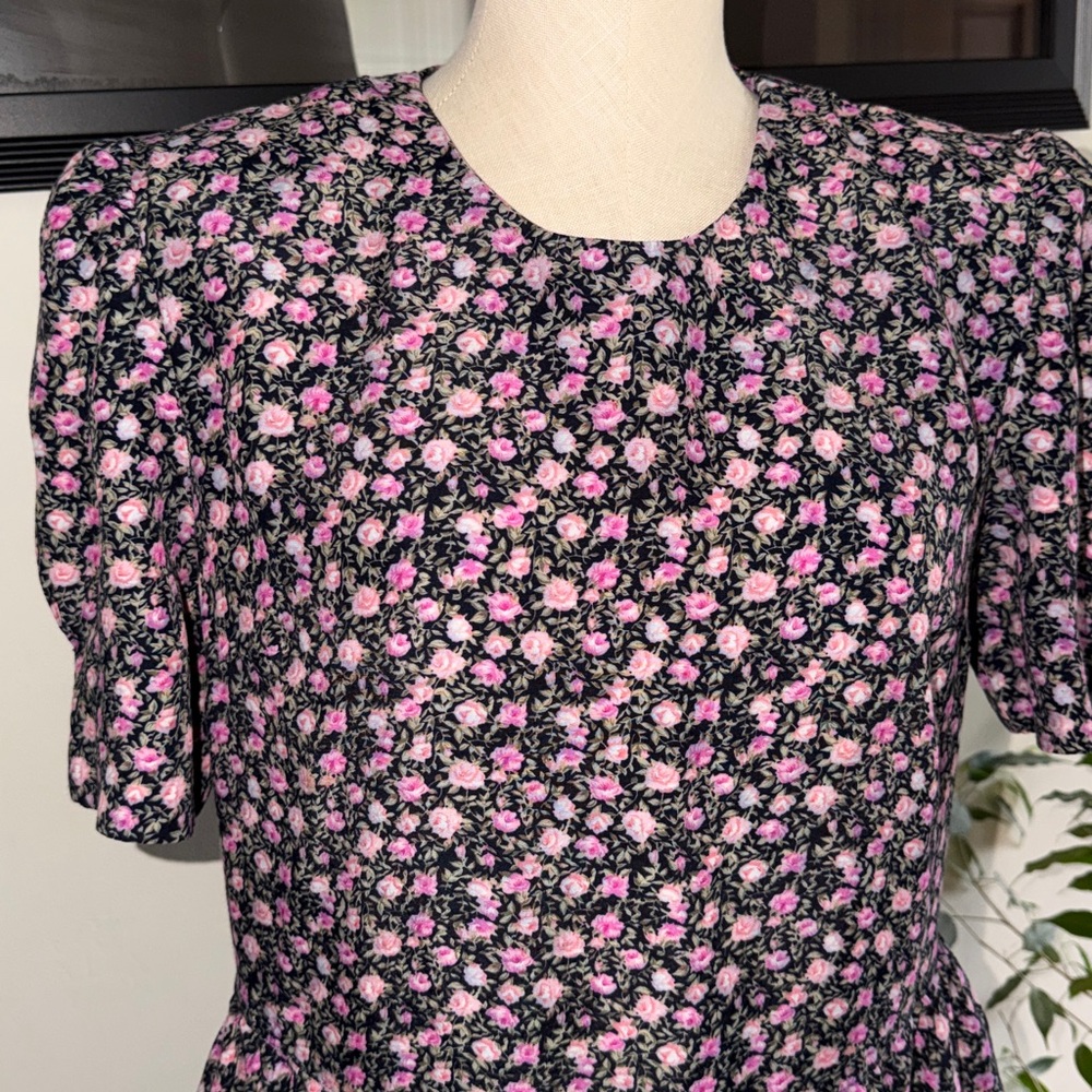 1989’s Karin Stevens Black Midi Dress with Pink Floral Print size 14 - Picture 3 of 11